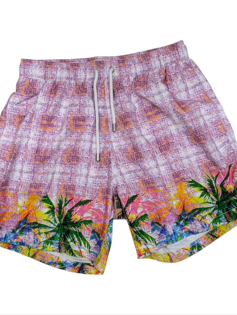 Bertigo Mens L Pink Plaid Palm Tree Tropical Lined Swim Shorts Trunks RUNS SMALL